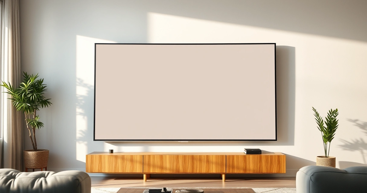 Televisão de tela grande desligada em sala clara com móvel de madeira
